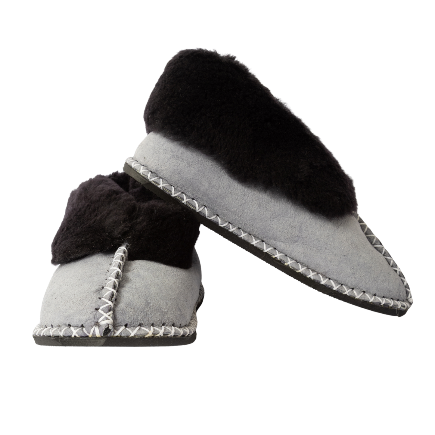 Pair of gray slippers with black fur lining on a white background